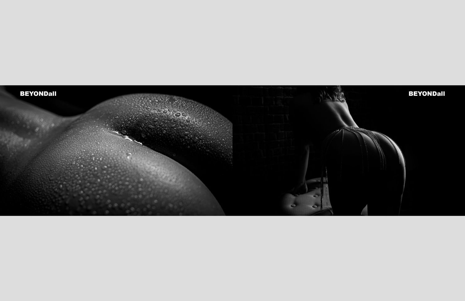 Black and white artistic diptych showing close up bodyscapes with water droplets on skin in dramatic lighting.