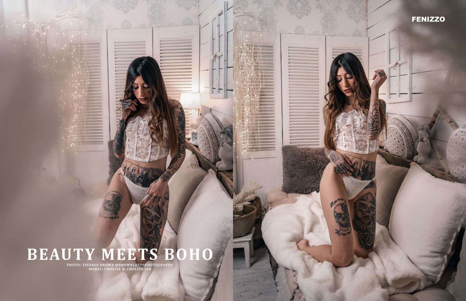 Boho style boudoir photoshoot with lace lingerie in light bedroom setting.