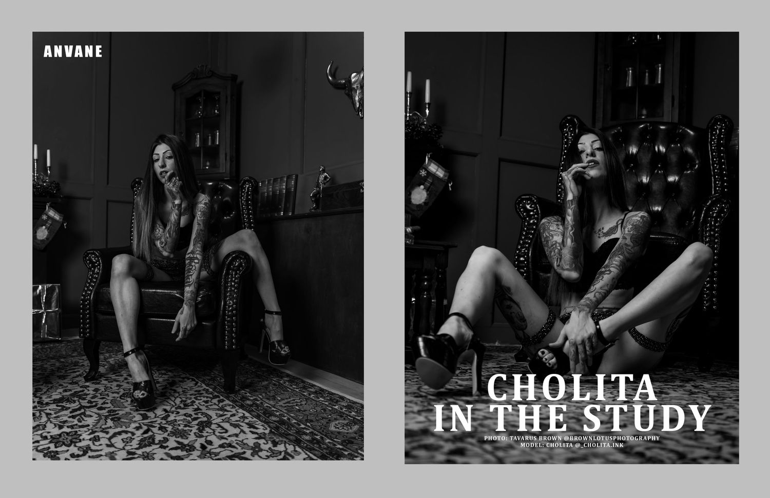Two black and white photographs showing a dramatic interior study with textural rugs and candlesticks.