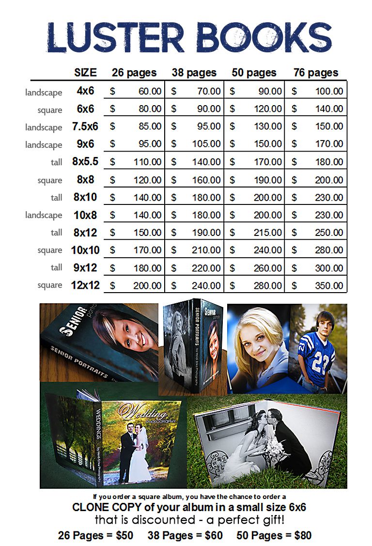 A pricing chart for Luster Books photo albums displaying various size and page options with sample images.
