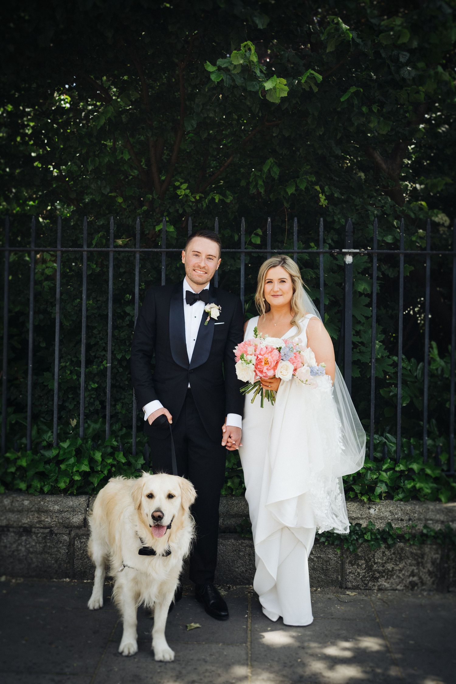 Elegant wedding portrait with couple and golden retriever against iron fence.