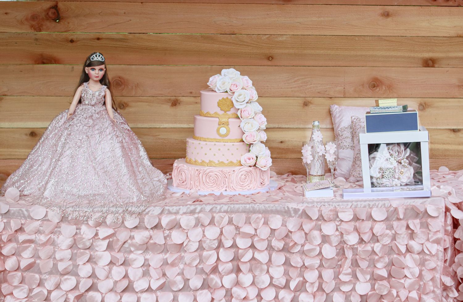 Pink Quinceanera doll and cake and box