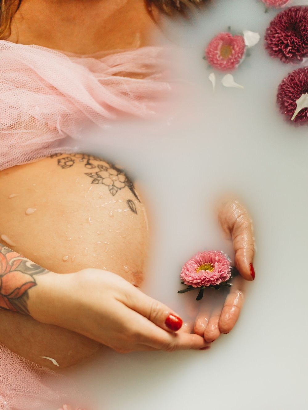 Close-up of pregnant belly with pink tulle and scattered burgundy flowers in milky bath water.