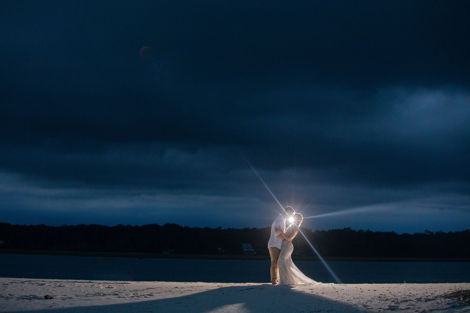 Moonrise, beach bridal, bride and groom