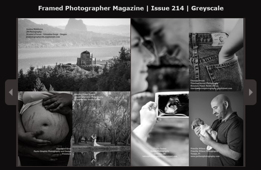 A grayscale magazine spread showing landscape and artistic photography layouts.