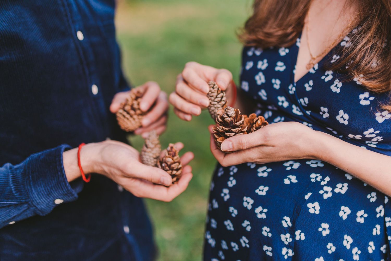 Close-up of hands holding pine cones with blue floral dress and navy shirt visible.