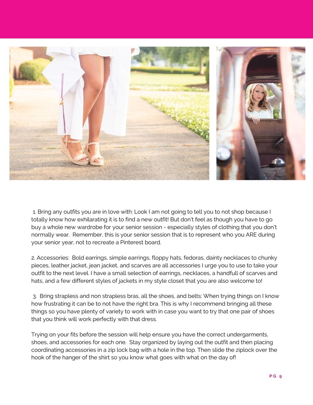 Photography guide page showing detail shots of shoes and styling tips.