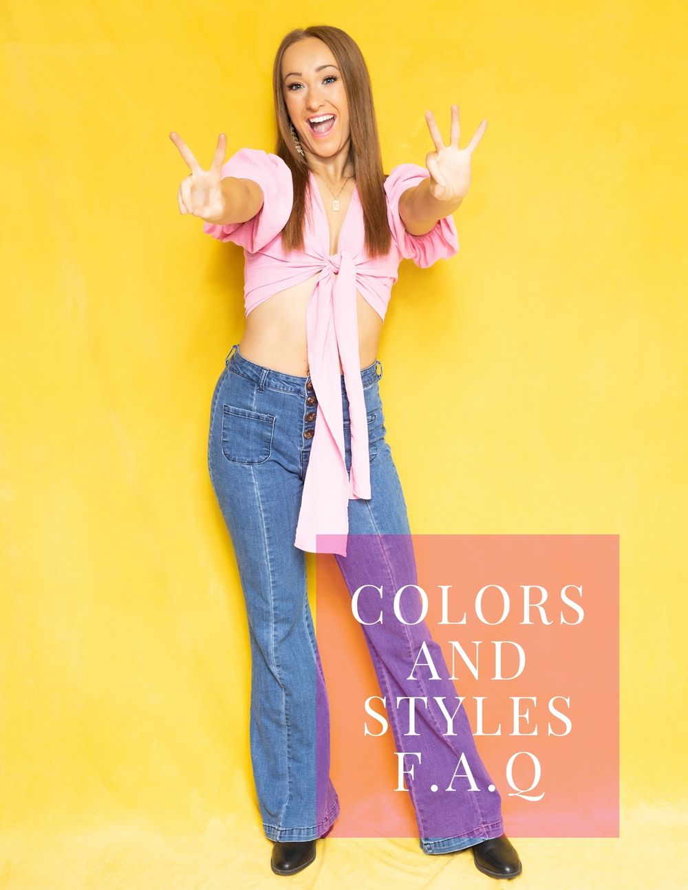 Energetic fashion photo against yellow background with text 'Colors and Styles FAQ'.