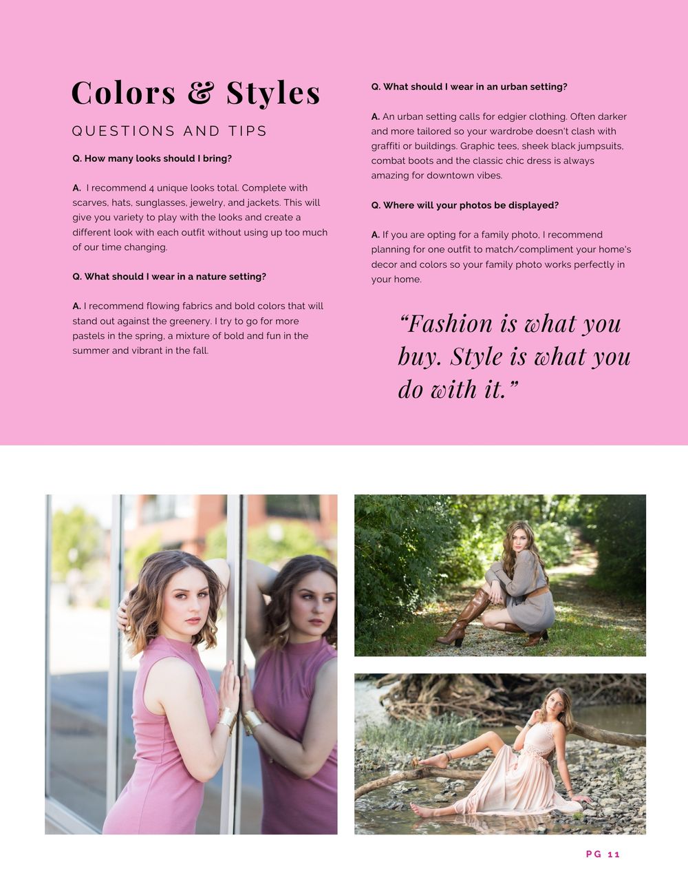 Magazine layout showing fashion photography tips with text overlay and multiple portrait examples.