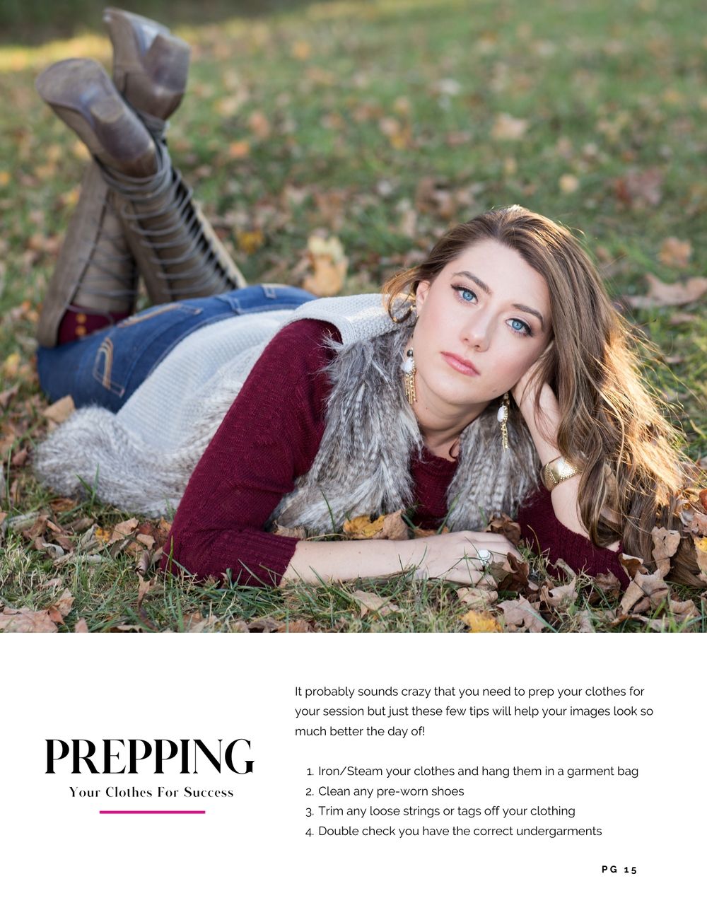 Autumn fashion portrait with cozy layers and boots on fallen leaves.