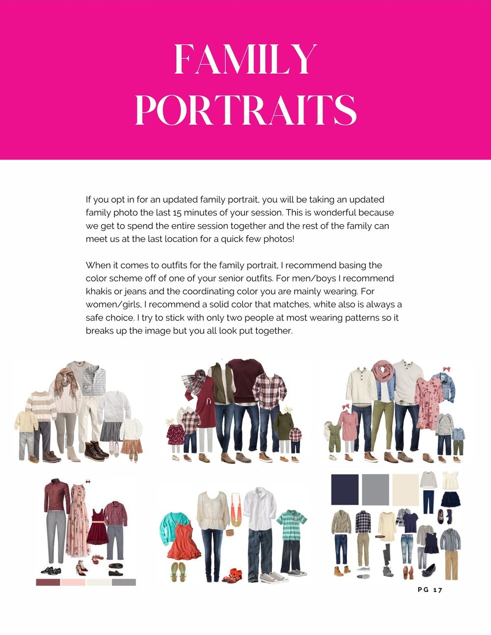 Family portrait styling guide showing coordinated outfit combinations and color schemes.