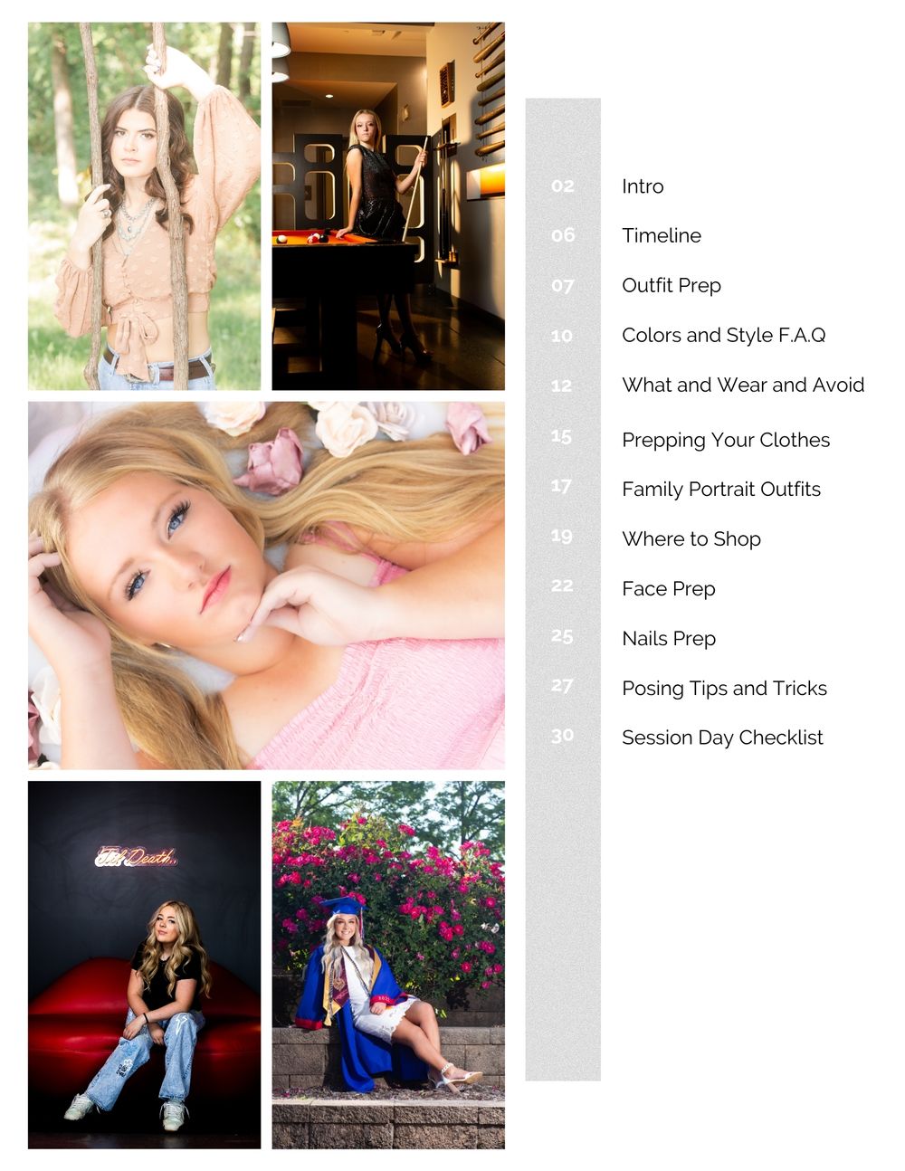 Collage of portrait photography session images with a menu sidebar showing preparation steps.