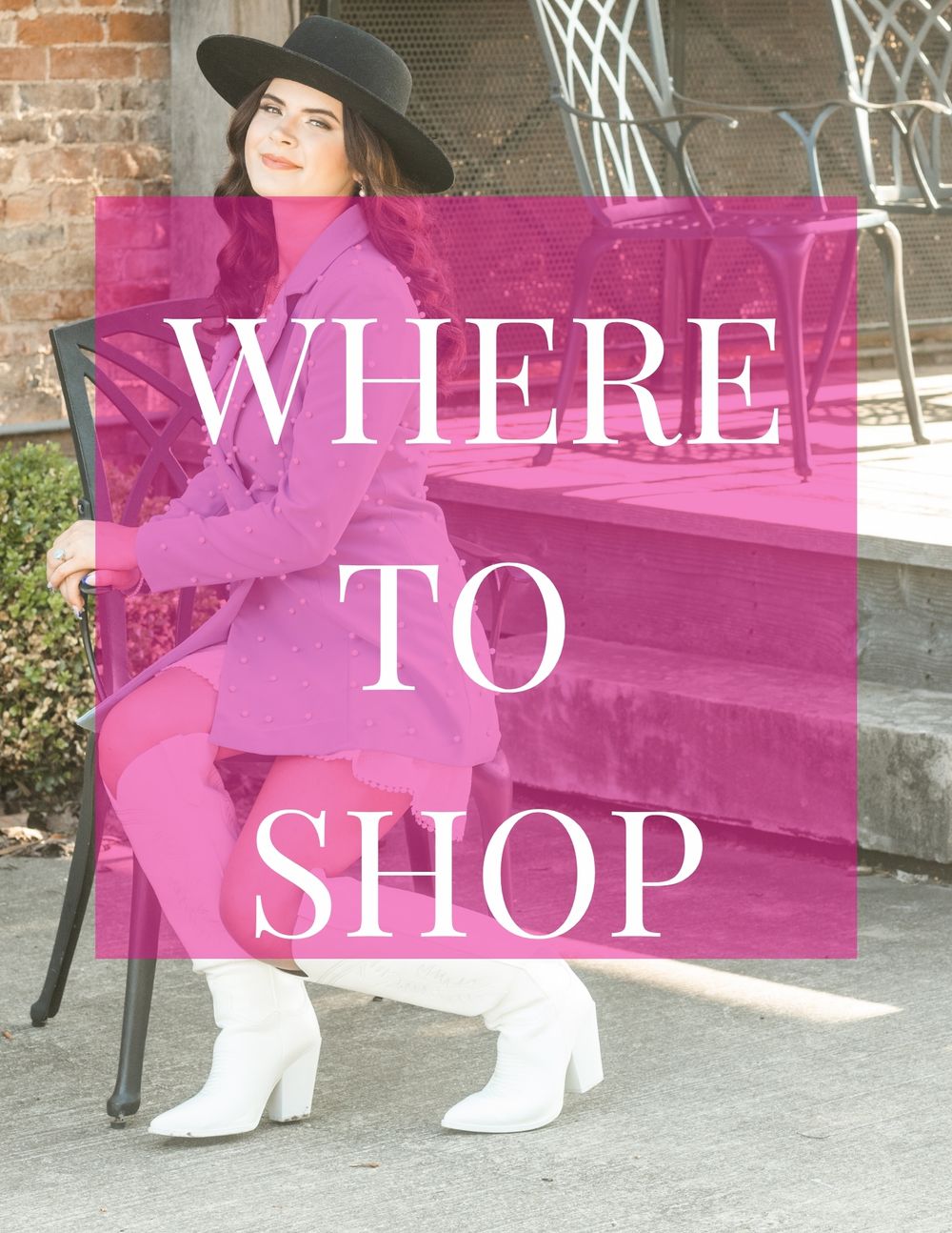 Fashion shopping guide cover with person in black hat and white boots sitting against brick wall.