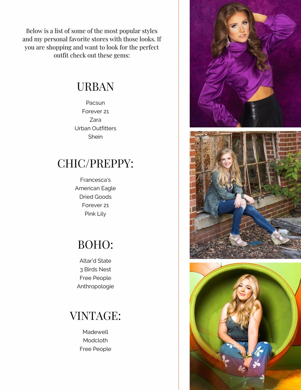 Shopping guide showing different fashion style categories with store recommendations and model photos.