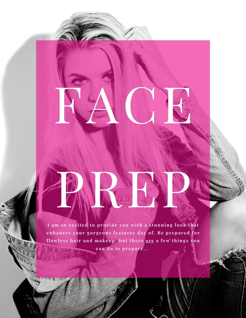 Pink-tinted beauty guide cover with typography overlay on portrait.