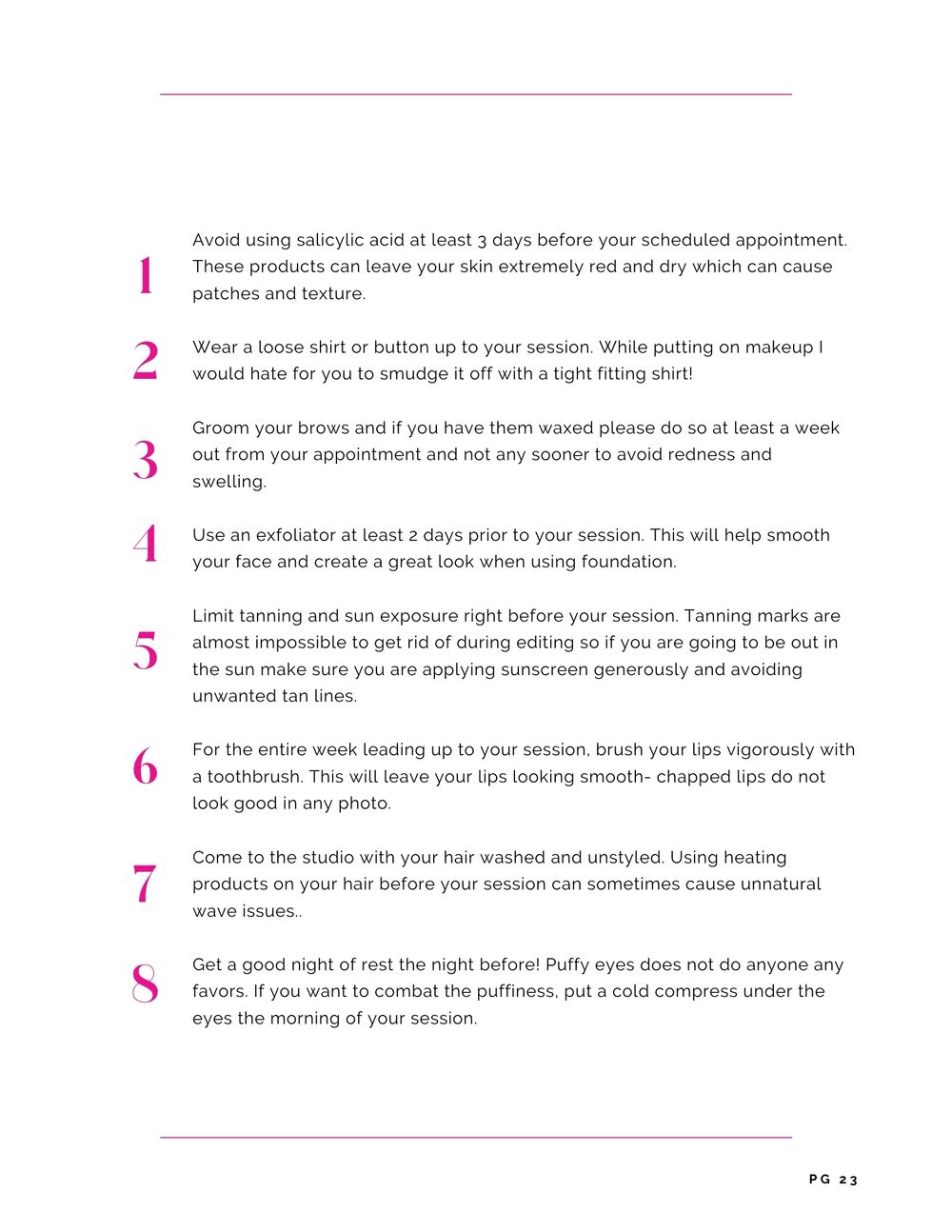 List of 8 numbered beauty preparation tips and instructions.