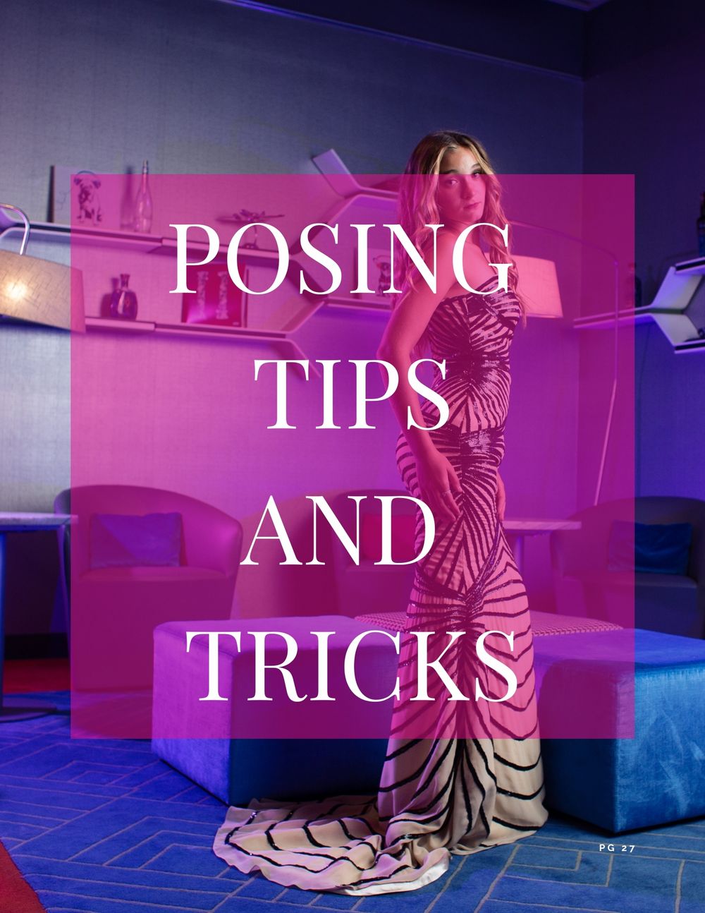 Fashion photography guide cover with model in patterned dress against purple backdrop.