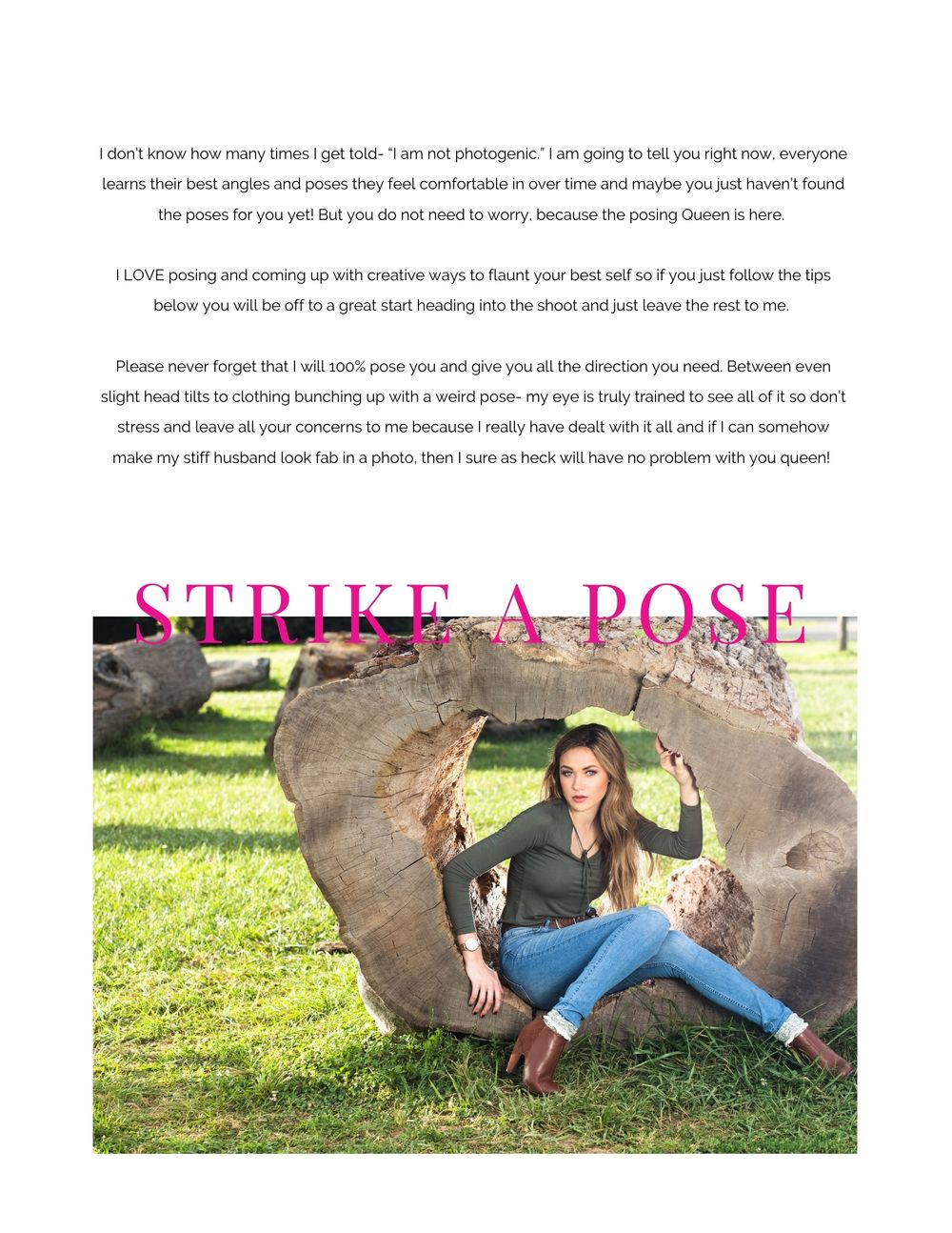 Photography posing guide with outdoor portrait and text instructions.