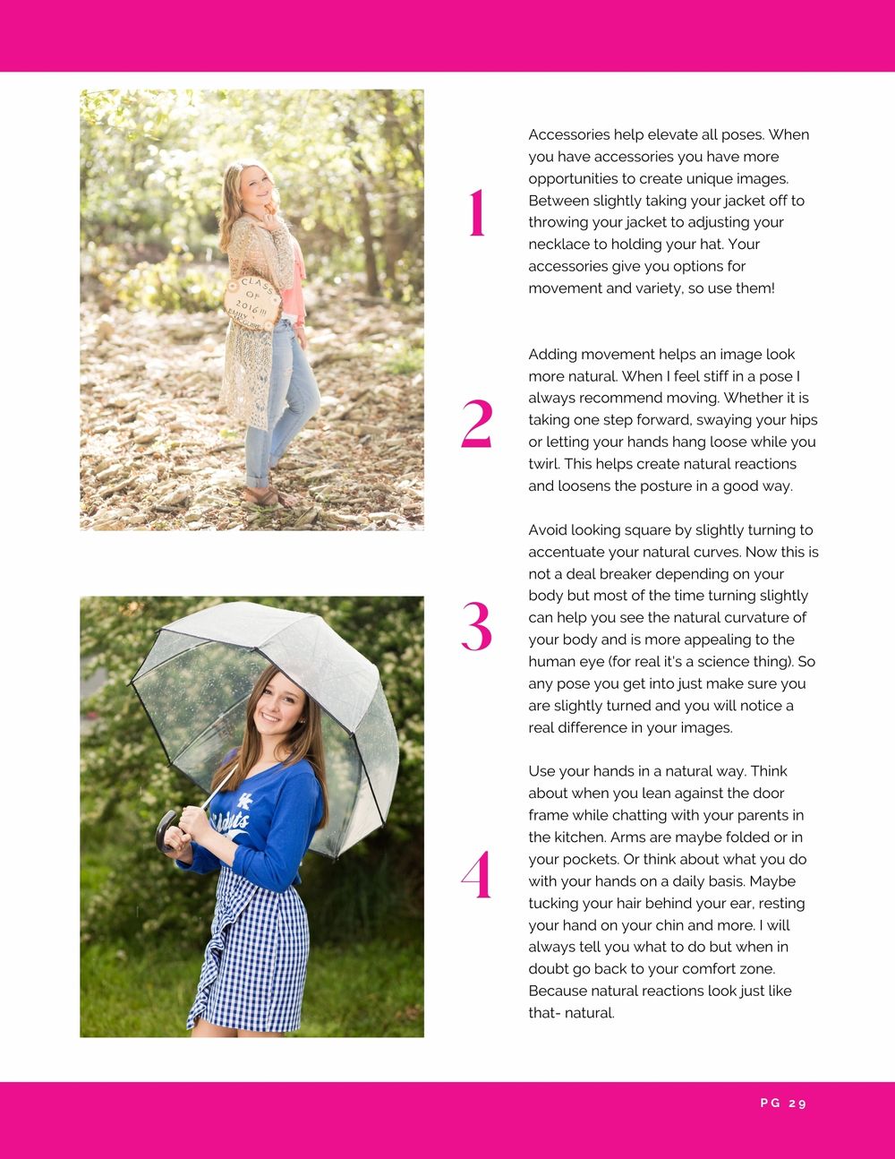 Photography guide page showing outdoor portrait tips with sample images in a pink and white layout.
