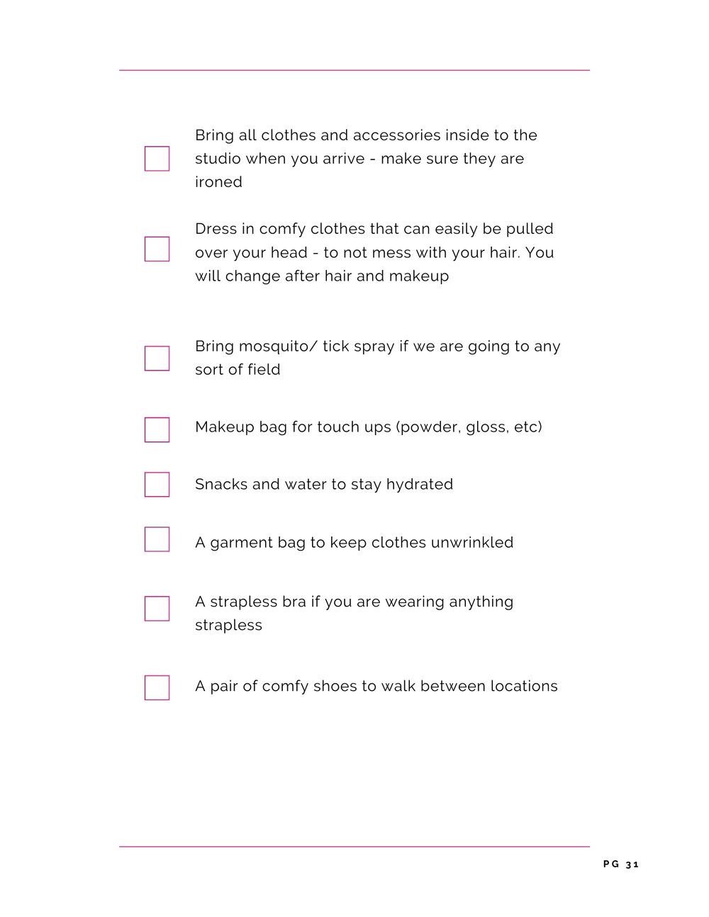 Checklist of items to bring for a photo session including clothing, makeup and accessories.
