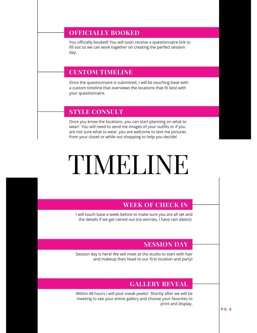 Professional timeline layout with pink accents showing photo session planning steps.