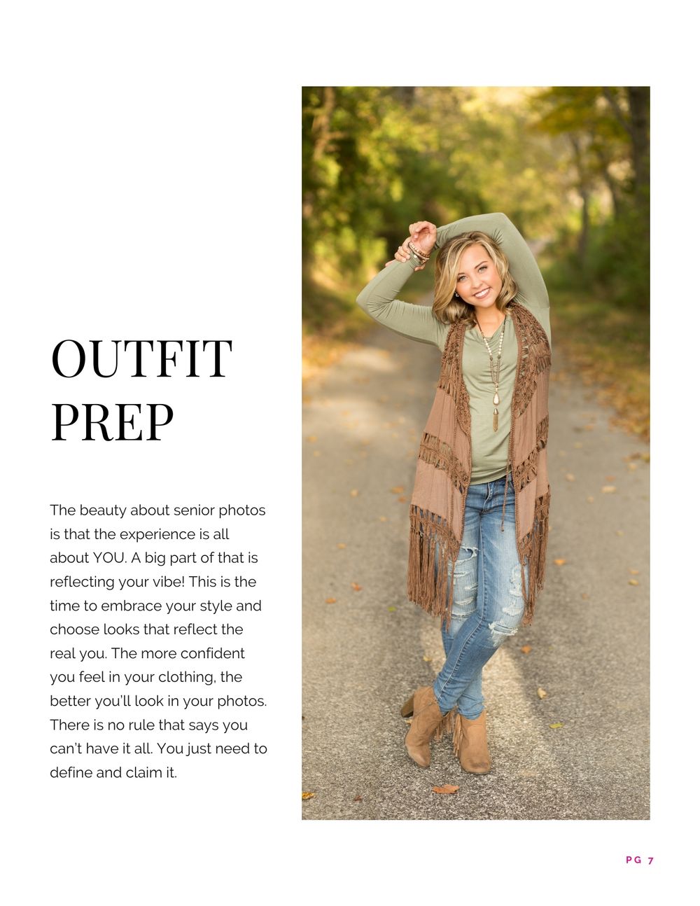 Outdoor fashion photo of model in boho style outfit with hat on autumn path.