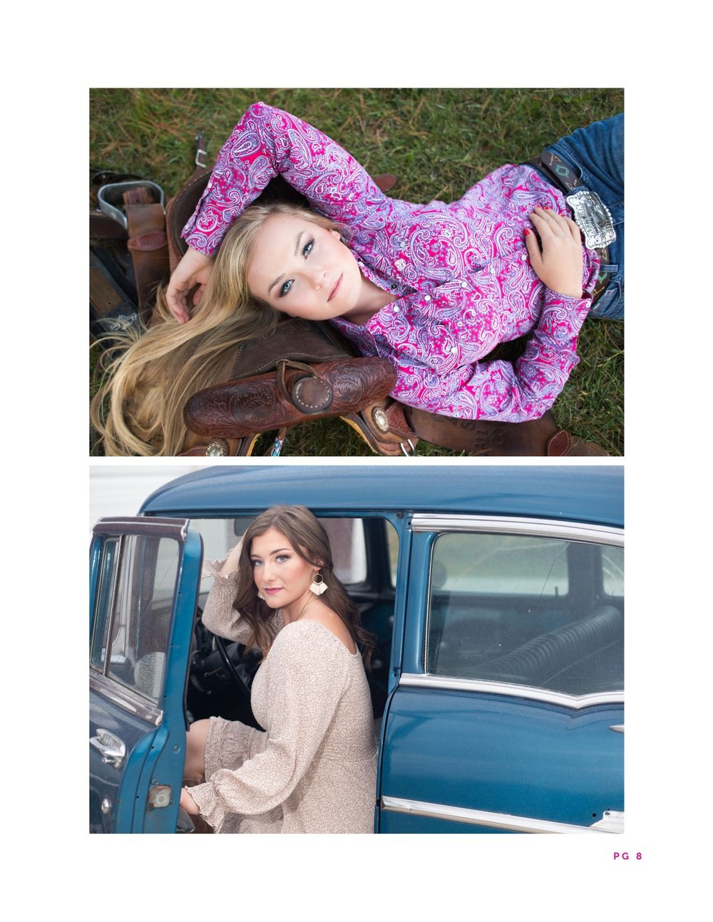 Fashion portrait of a person in pink floral dress laying in grass and sitting by vintage blue car.