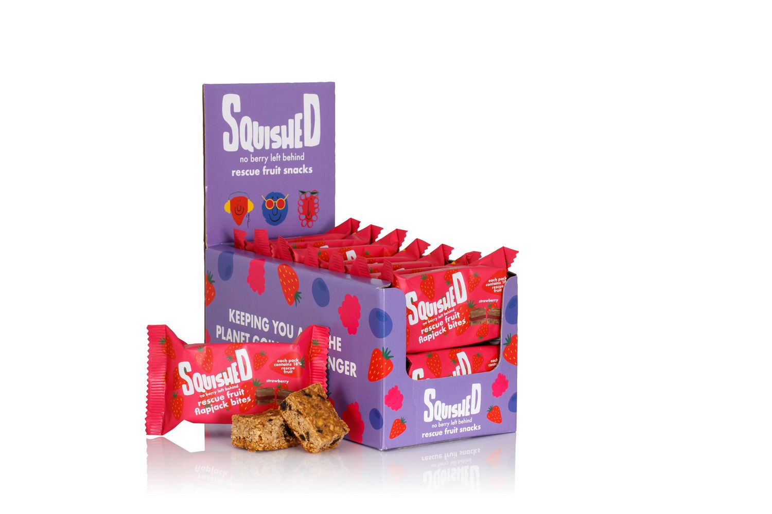 Purple and red retail display box of Smashed protein bars showing product packaging from a product photoshoot.