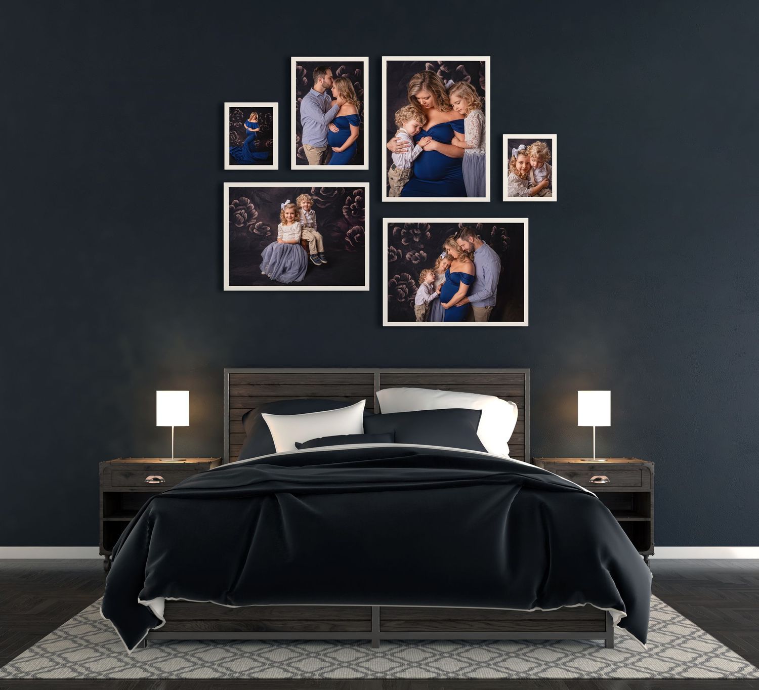Dark painted wall; bed center with dark bedspread; assortment of wall portraits above bed; studio photography Lexington