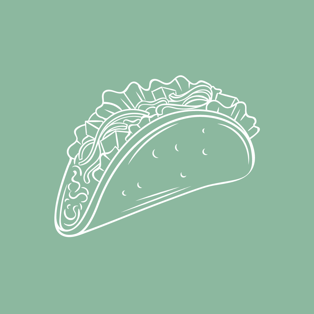 Simple line drawing of a taco with lettuce and filling on mint green background.