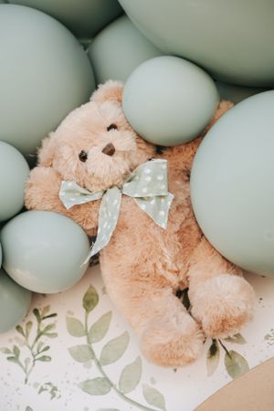 Mint green balloons and plush teddy bear with bow against floral backdrop.
