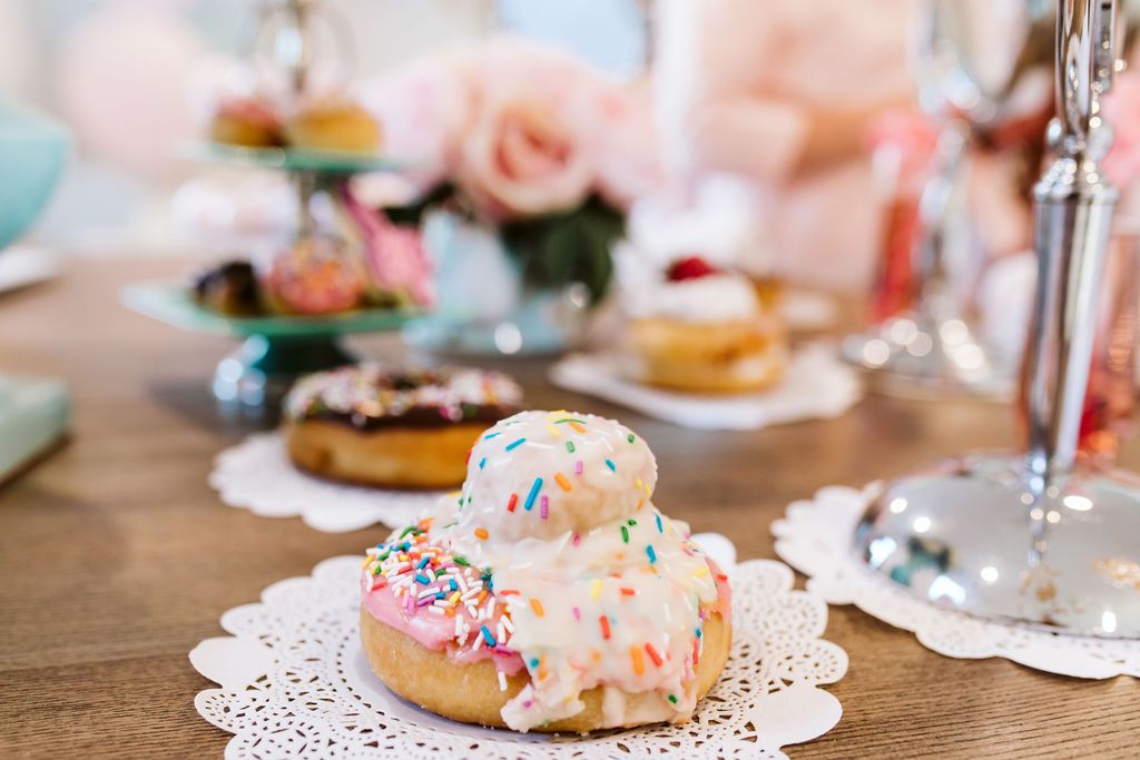 Yummy display of donuts and upgrades for Princess party. Glow Day Spa