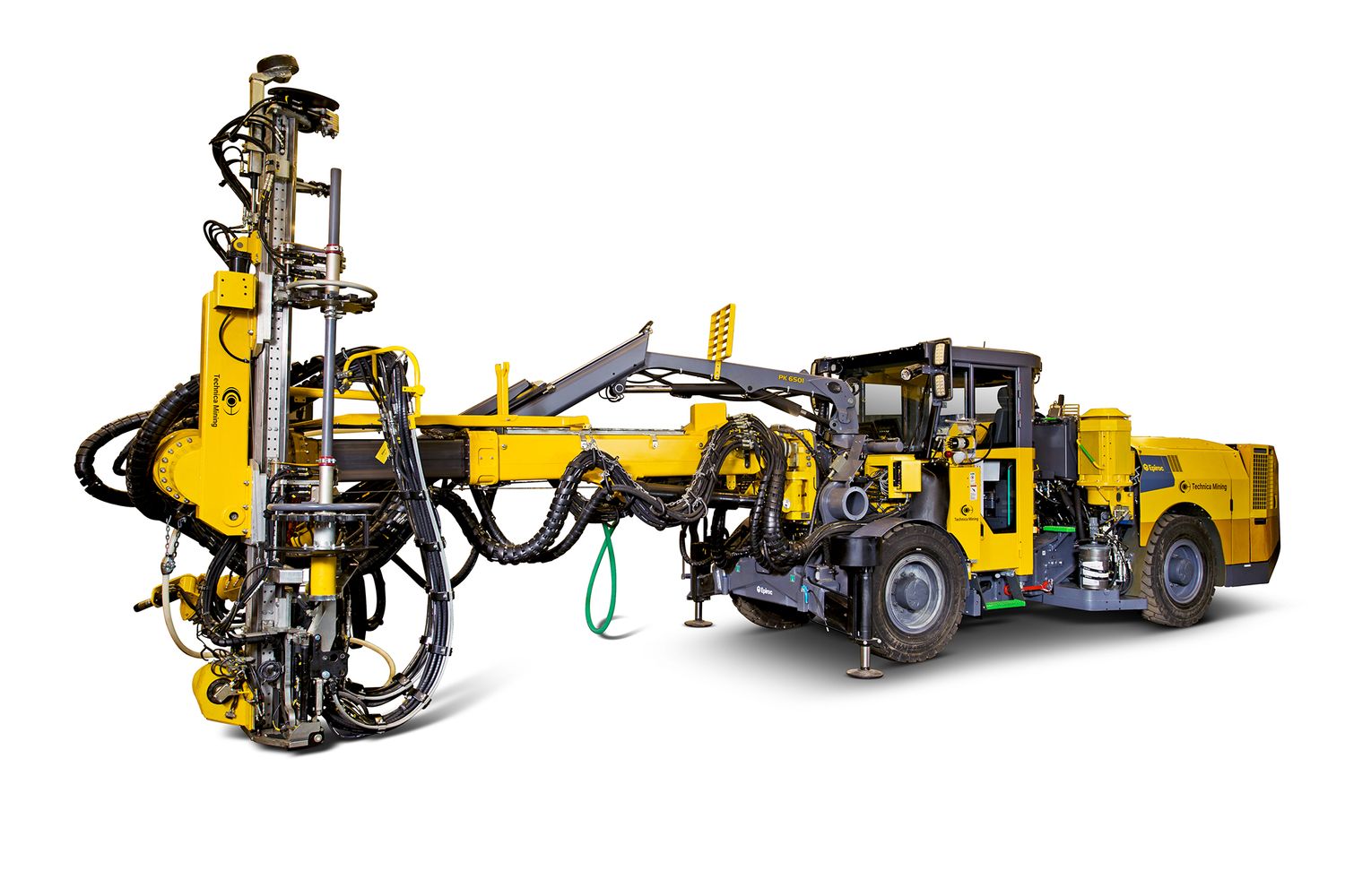 Yellow industrial drilling and construction equipment lineup on white background.