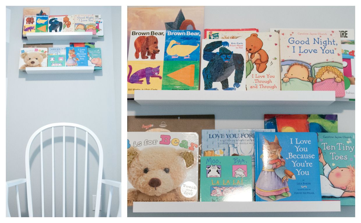 Charming nursery bookshelf display with colorful children's books and white wooden chair.