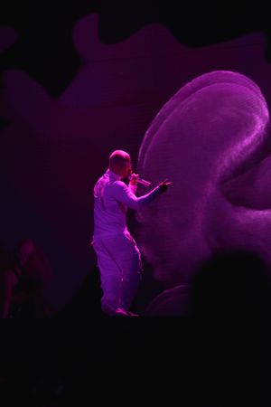 Performer silhouetted in purple lighting against curved stage backdrop.