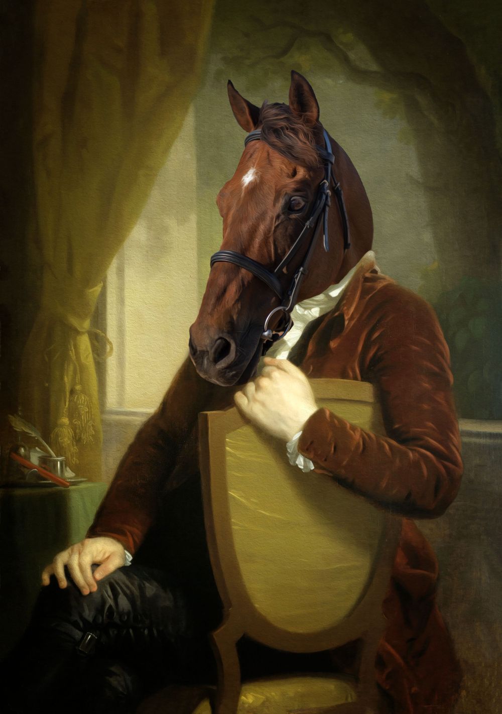 Horse photoshopped portrait in regal clothing.