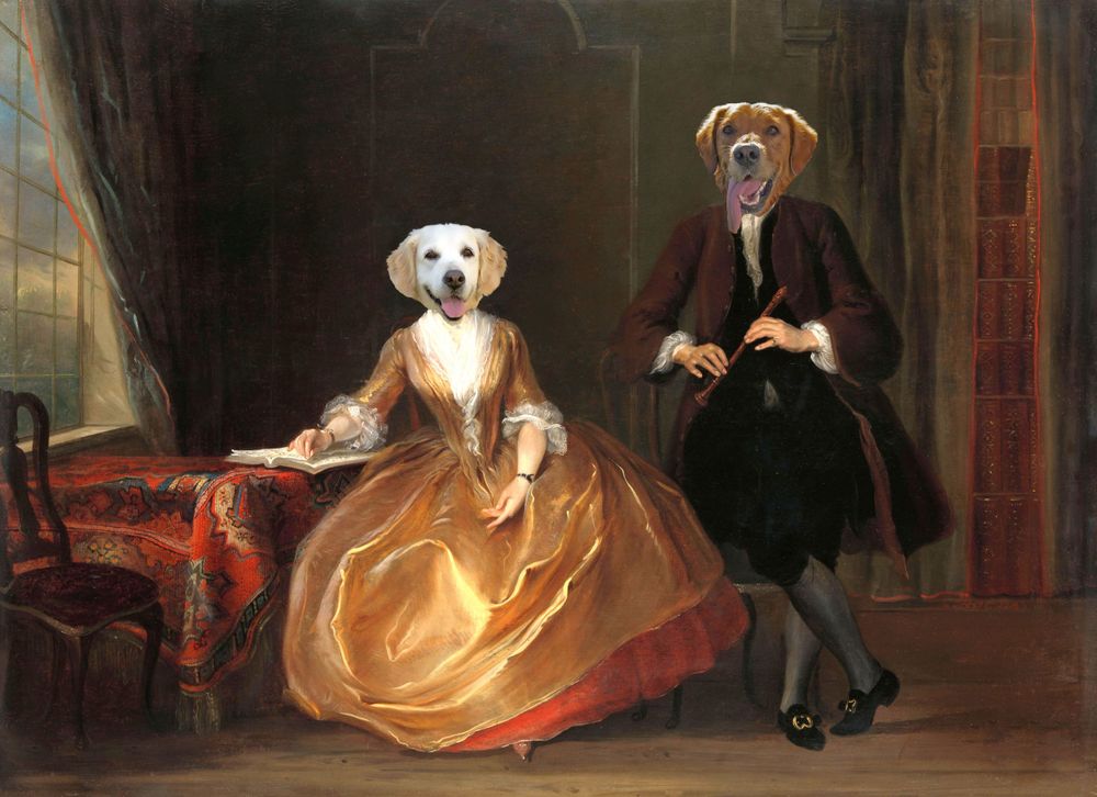 Dogs photoshopped portrait in regal clothing.