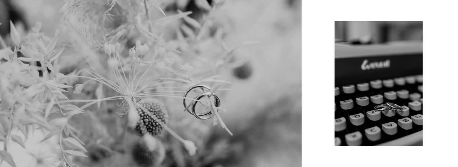 Wedding rings resting on delicate wildflowers beside a vintage typewriter in black and white detail shots.