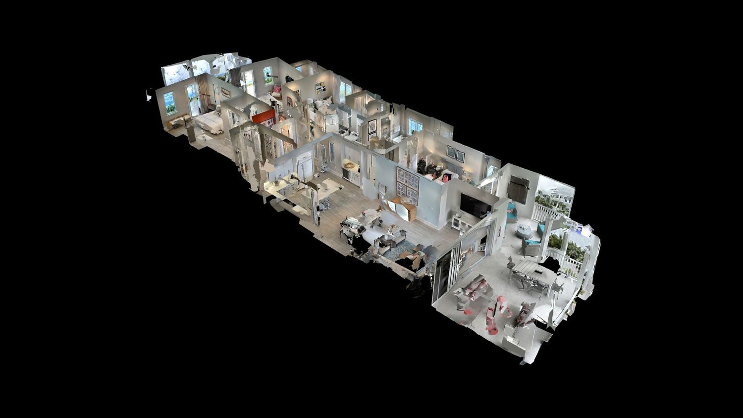 3D floor plan layout visualization of modern beach house interior.