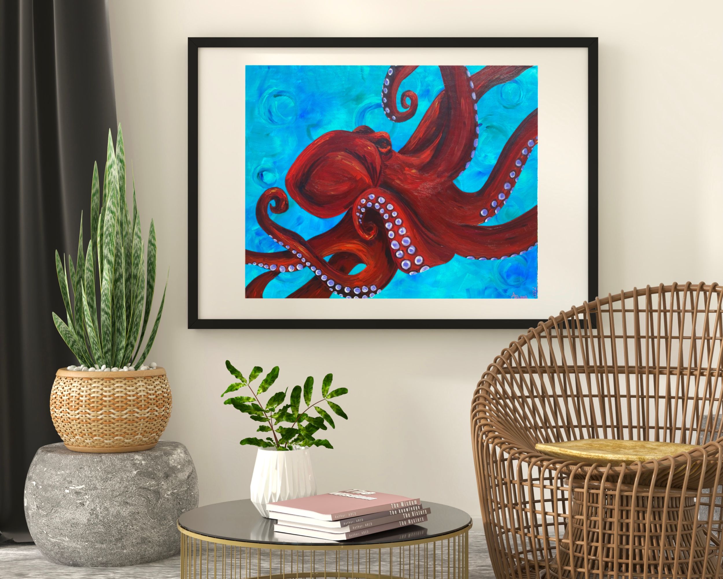 Gallery wall featuring framed octopus art prints in vibrant blue tones.