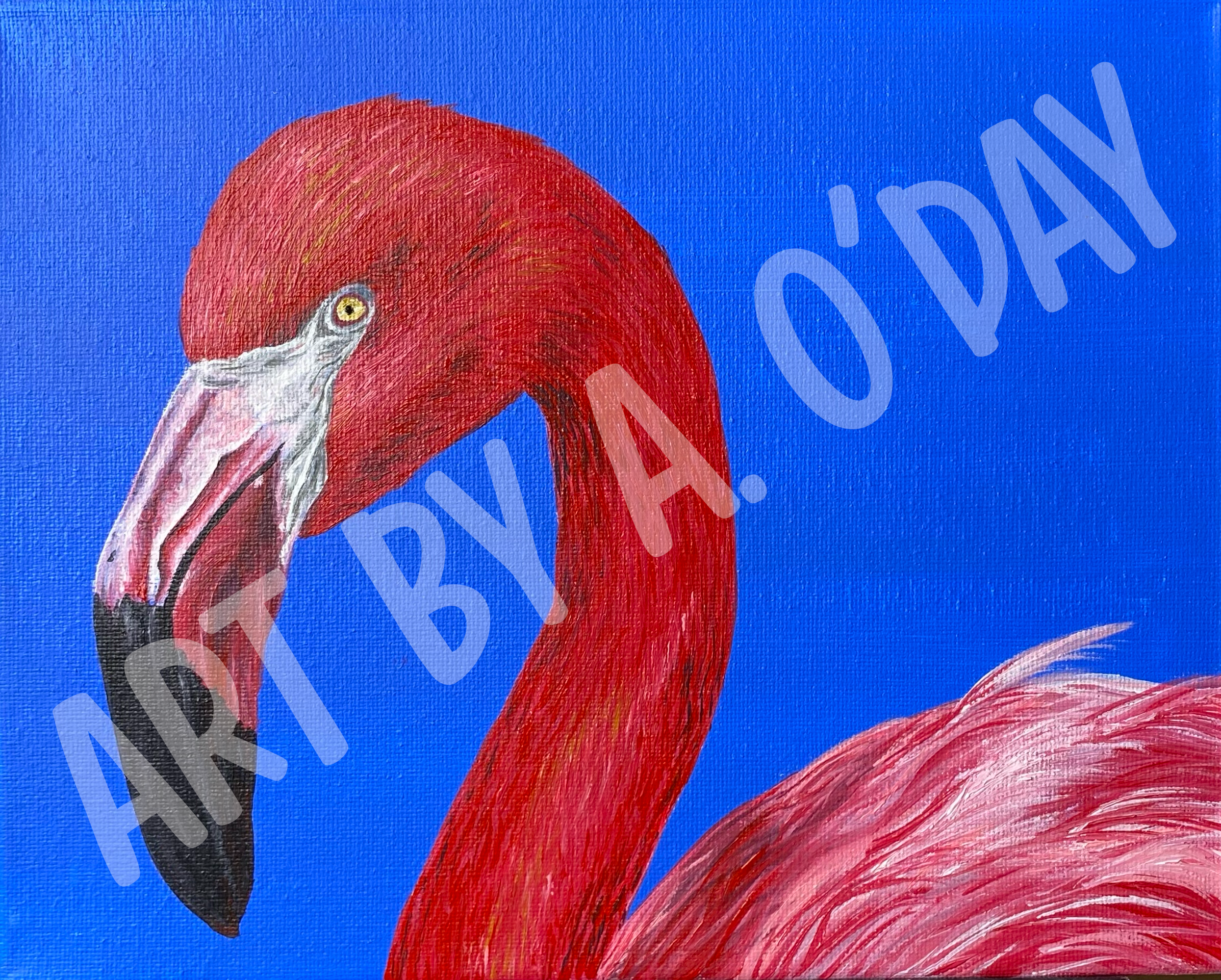 A vibrant painting of a red flamingo head against a bright blue background.