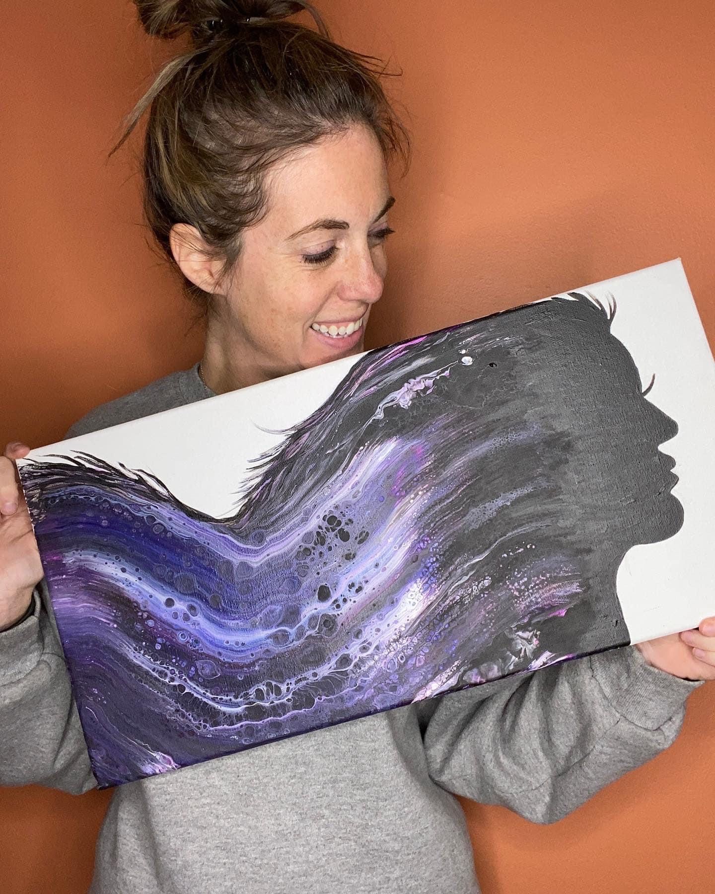 Abstract fluid art painting featuring swirling purple and gray tones.
