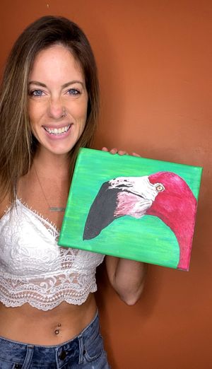 Abstract art piece on green background with bold red and black elements.
