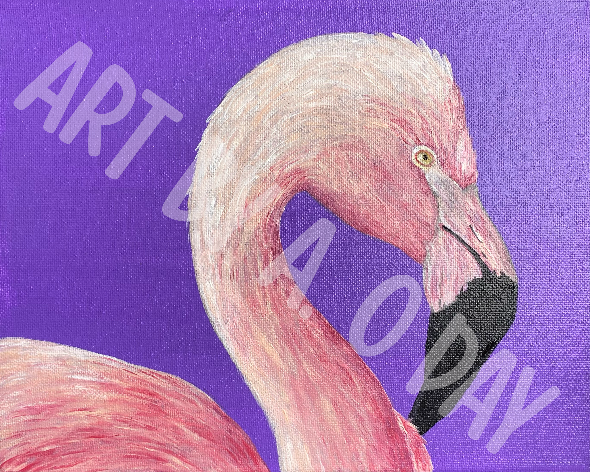 A close-up painting of a flamingo's head and neck against a vibrant purple background.