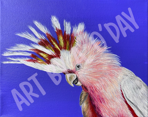 A detailed painting of a Major Mitchell's cockatoo with its crest raised against a blue background.