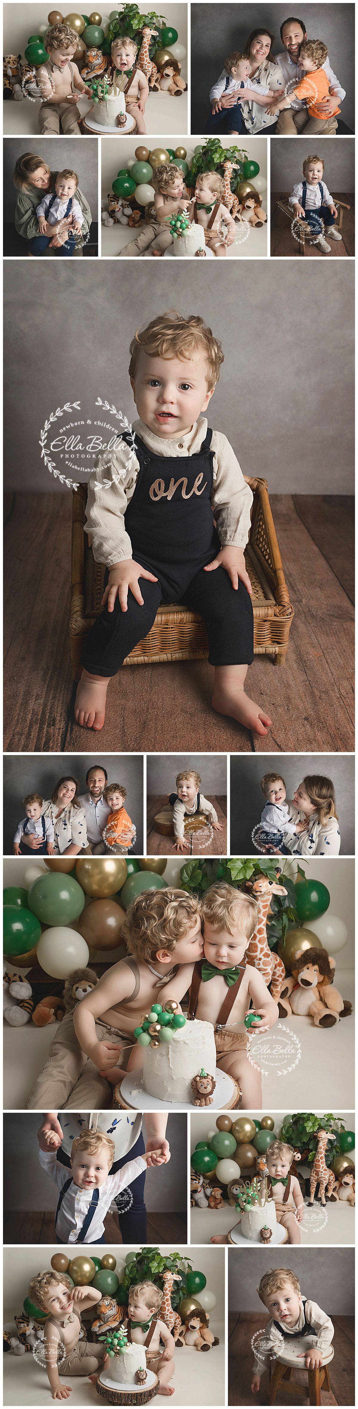 First birthday photoshoot featuring green and gold balloon decorations with teddy bears and a white cake smash celebration.