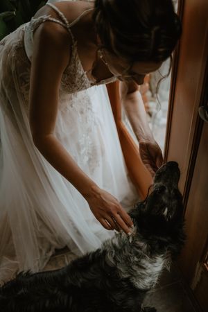 a bride petting her dog
