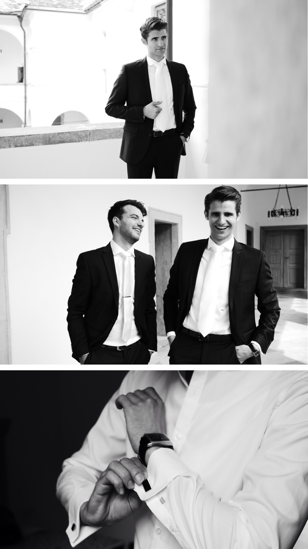 Black and white wedding photo collage of groomsmen in suits adjusting cufflinks and conversing.