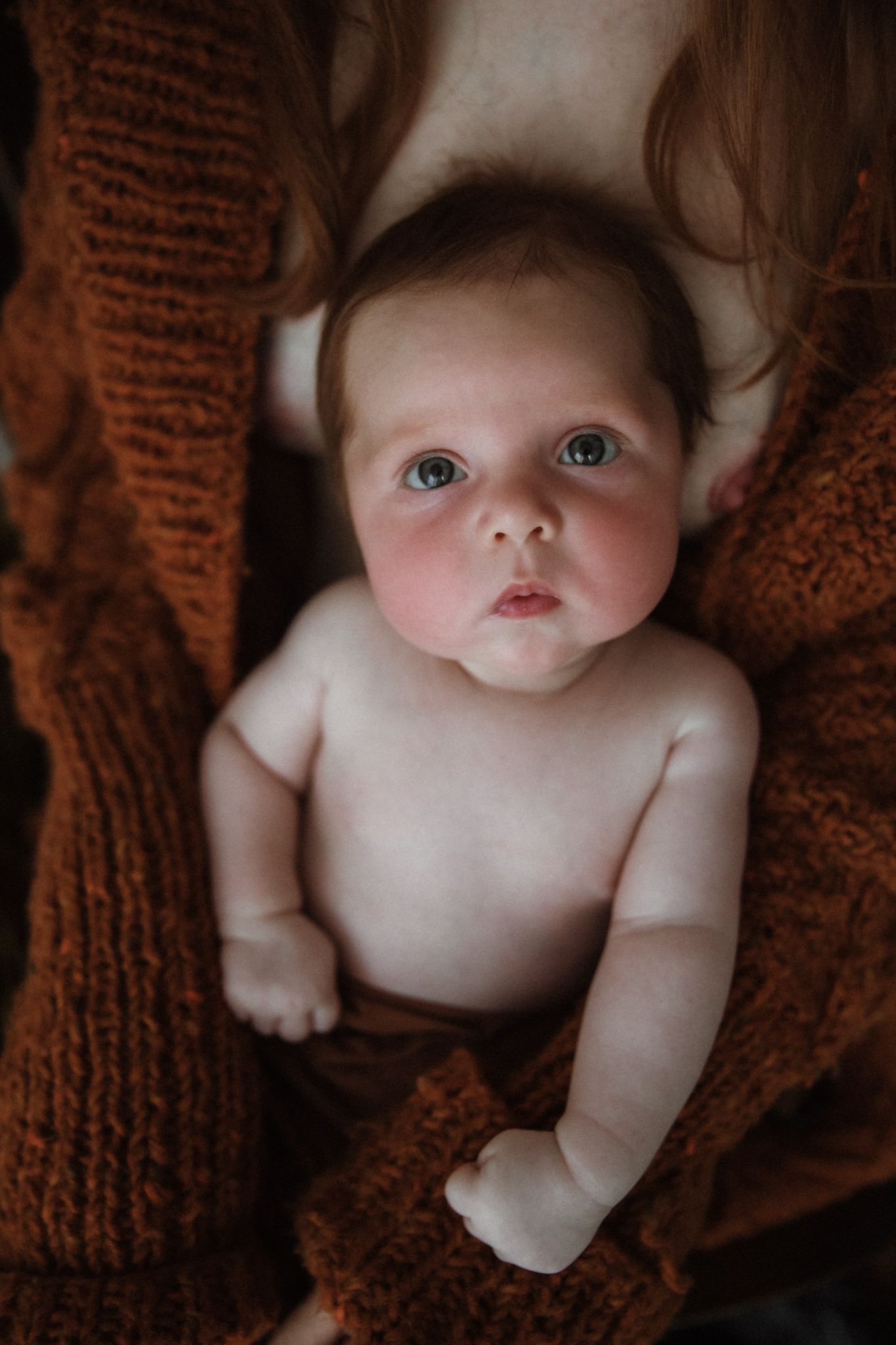 Baby wrapped In rust cardigan, looking up at the camera with calm, curious eyes.