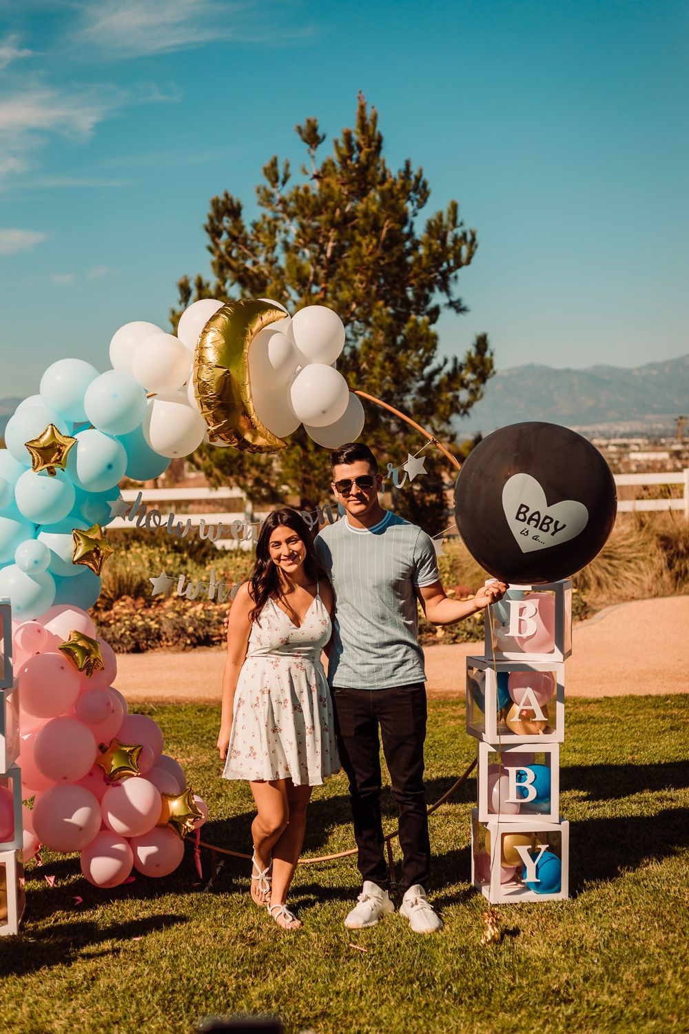 Couple gender reveal event photography at park in Chino Hills, California